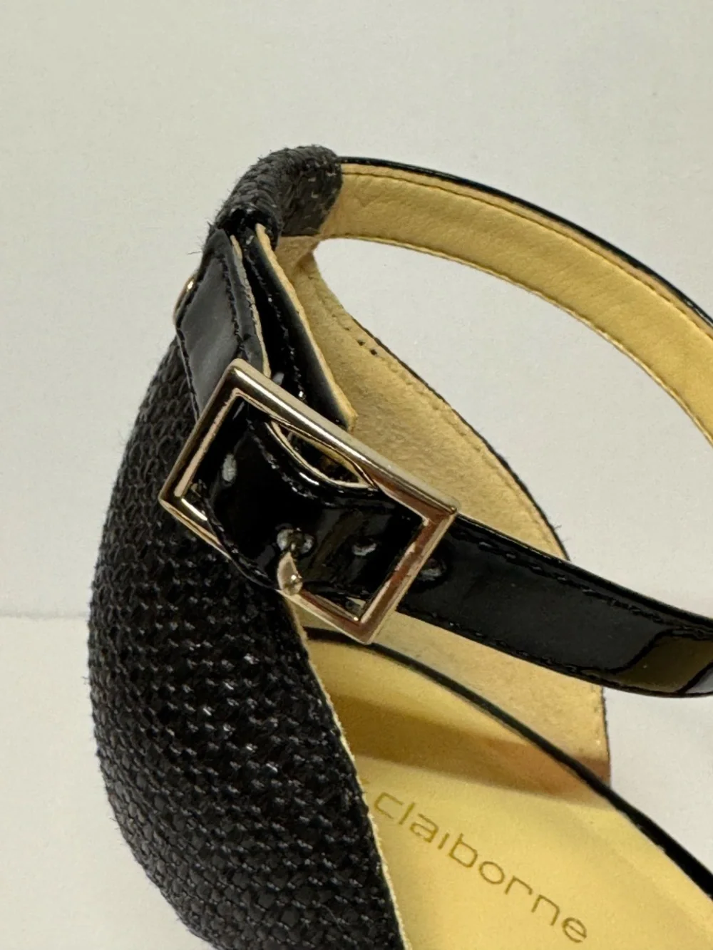 Liz Claiborne Black Embellished Ankle Strap Heels Woven 7.5 Rhinestone Sandals